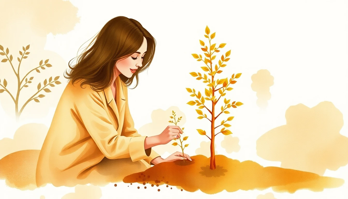 Warm watercolor illustration of a mother and child planting a golden tree together, amber and olive green tones, soft organic textures, parchment-like background, family finance concept
